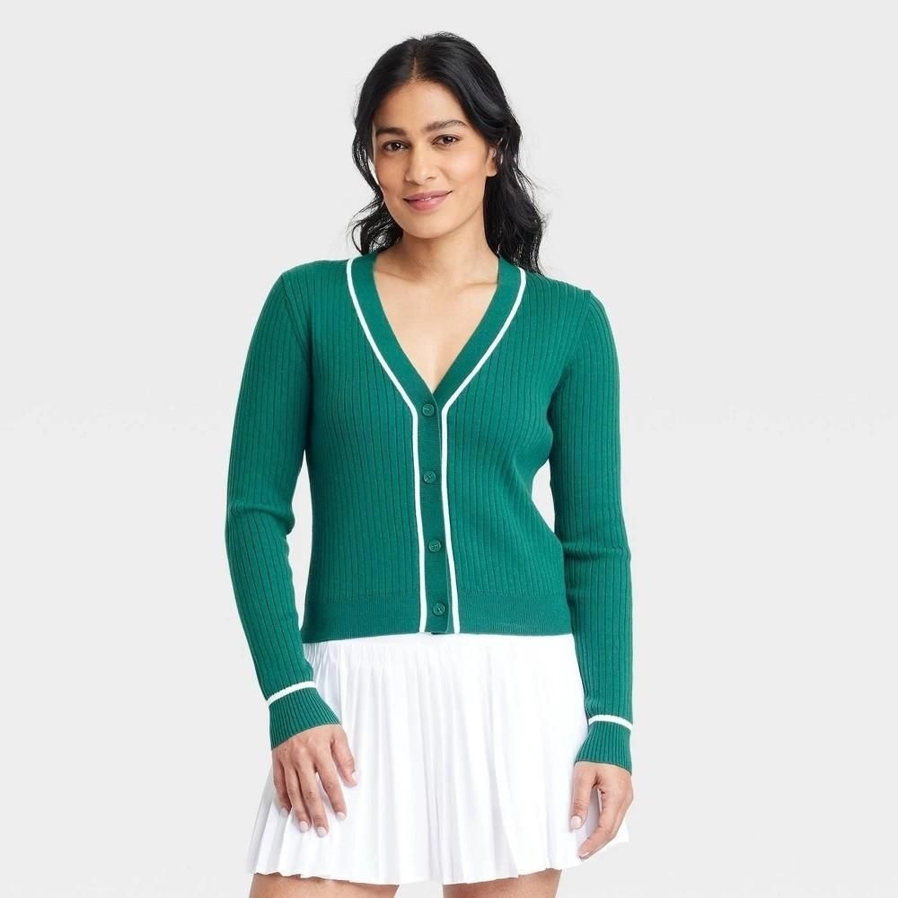 All in Motion Womens Tipped Ribbed Cardigan Sweater Dark Green Large V Neck